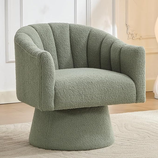 Swivel Accent Chair,Upholstered Teddy 360° Swivel Barrel Chair for Living Room Overstuffed Bouncle Reading Chair Round Armchair for Bedroom,Vanity,Office-Green