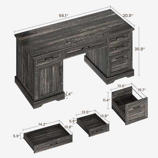 Casaottima 59 Inch Wood Farmhouse Office Desk with Drawers, Executive Computer Desk with File Cabinet & Charging Station for Home Office, Oak