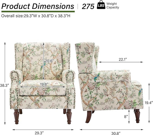 Accent Chair, Upholstered High Back Floral Armchair with Nailhead Trim & Wood Legs, Comfy Wingback Reading Single Sofa Chair for Small Spaces, Living Room, Bedroom
