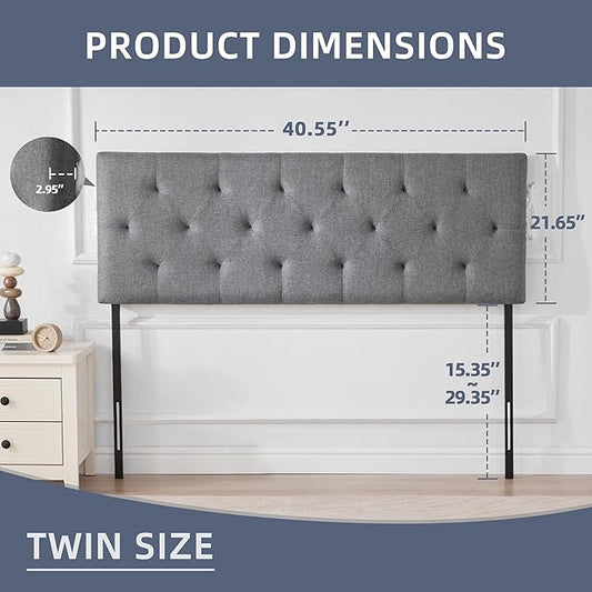 Linen Upholstered Headboard Twin Size, Diamond Tufting Solid Wood Twin XL Headboard Only, Adjustable Height from 37” to 51” Head Board, Dorm Bed Frame or Wall Mount Headboards, Light Grey