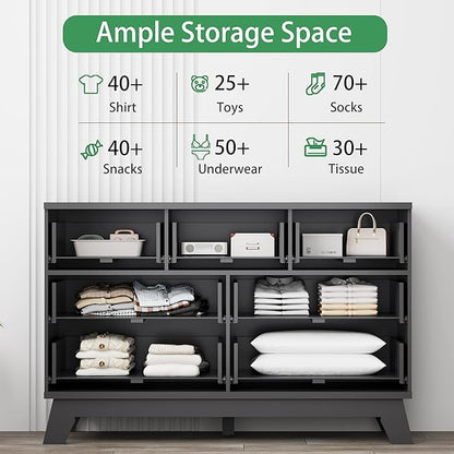 Fluted Dresser for Bedroom with 7 Drawers, 48" Wide Chest of Drawers with Metal Handle, Modern Wood Dresser TV Stand, Wooden Closet Clothes Storage Organizer for Living Room, Hallway, Black
