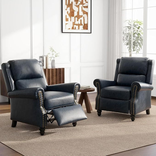 UIXE Faux Leather Pushback Recliner Chairs Set of 2, Overstuffed Armchair Push Back Accent Chair for Living Room, Rivet Trim Club Chair Home Theater Single Sofa Bedroom Side Reading Seat - Navy Blue