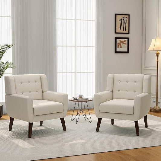 Accent Chair, Mid-Century Modern Fabric Chairs with Arms for Living Room, Comfy Upholstered Club Single Sofa Armchair for Bedroom Waiting Room with Solid Wood Frame (Fabric White, Set of 2)