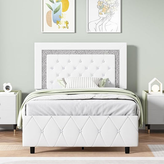 BarnFurin Twin Size Bed Frames, Upholstered Platform Bed with Button Tufted Headboard, Princess Platform Bed with Diamond Design, Wooden Slats Support, No Box Spring Required, Easy Assembly, White
