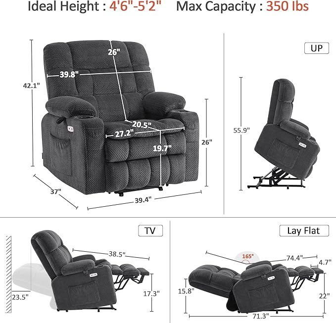 MCombo Dual Motor Power Lift Recliner Chair for Elderly, Lay Flat Lift Chair with Heat and Massage, Petite Wide Lift Chair, Cup Holders, USB A&C Ports, Fabric R7894 (Small-Wide, Dark Gray)
