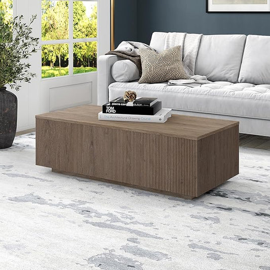 Henn&Hart 48" Fluted Rectangular Low-Profile Coffee Table for Living Room, Family Room, or Office, Antiqued Gray Oak