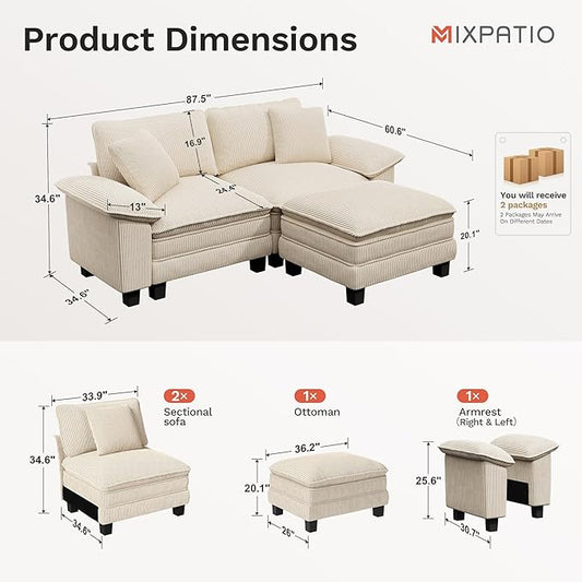 87-Inch L Shaped Sectional Sofa with Cloud Cushions, Deep Seat Modular Couch Set w/ 3 Seats & 1 Ottomans, Removable Arms, Plush Corduroy Upholstery for Living Room, Apartment - Beige