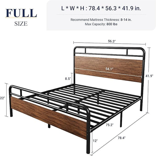 Allewie Full Size Platform Bed Frame with Wooden Headboard and Footboard, Heavy Duty 13 Metal Slats Support, Under-Bed Storage, No Box Spring Needed, Noise Free, Easy Assembly, Walnut