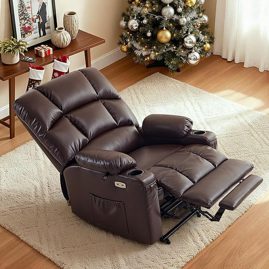 MCombo Oversized Dual Motor Power Lift Recliner Chair Sofa with Massage and Heat for Big Elderly People, Infinite Position, USB Ports, Faux Leather R7677 (Dark Brown, Medium-Oversize)