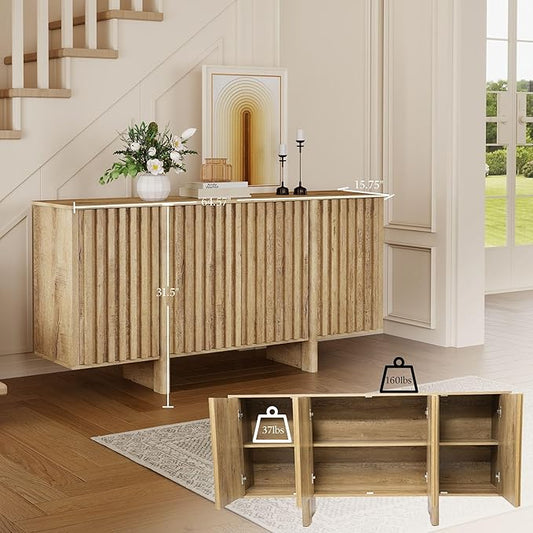 Sideboard Buffet Cabinet with Storage, Natural Freestanding Floor Cabinet 64” Farmhouse Sideboard Wooden Large Storage Cabinet Media Console Table Credenza for Living Room Dining Room Hallway, Single