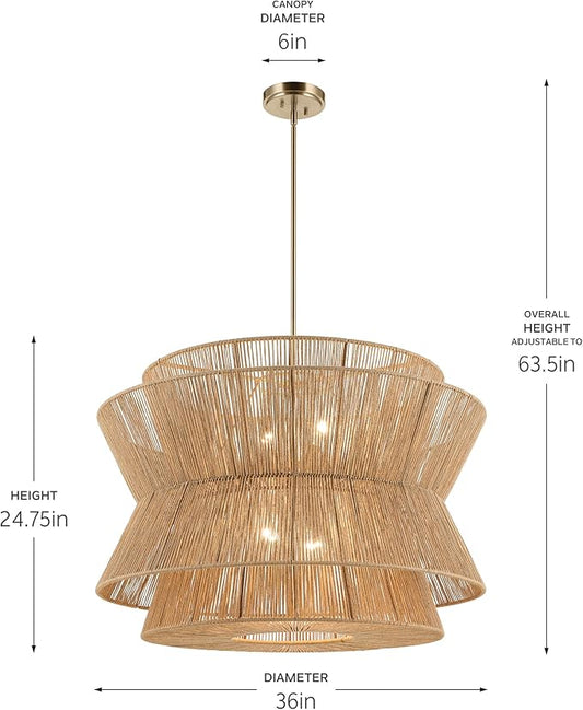KICHLER Ophira 4-Light Pendant, Global Boho Light with Jute Shade in Champagne Bronze, Sloped Ceiling Compatible, for Living or Dining Room (24.75" x 36"), 52736CPZ