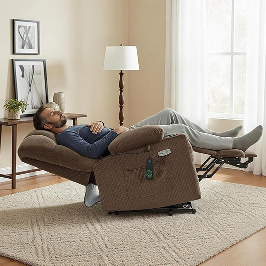 MCombo Dual Motor Power Lift Recliner Chair with Massage and Heat for Elderly People, Infinite Position, USB Ports, Cup Holders, Fabric 7679 (Medium, Brown)