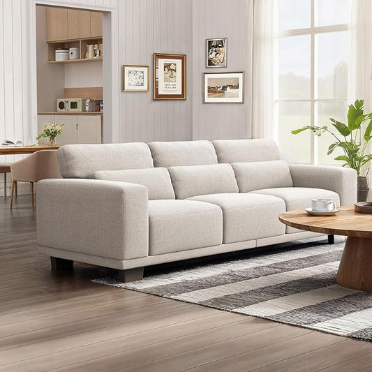 Marsail Modern 89 Inch Linen Fabric Sofa, 3-Seater Couch with Wide Armrests, Deep Cushions & Removable Washable Covers, Comfortable Living Room Furniture, Beige