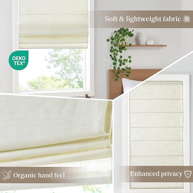 Madison Park Kyler Cordless Roman Shades - Single Panel, Lightweight Linen Blend Fabric, Natural Design, Easy Installation, Light Filtering Window Blind, Bedroom, Living Room Decor 27"W x 64"L Ivory