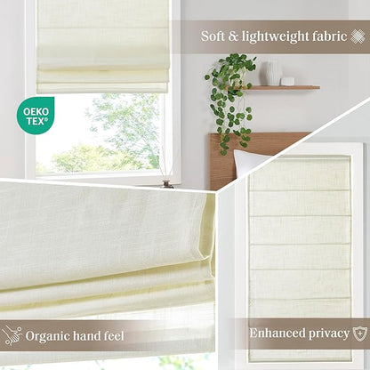 Madison Park Kyler Cordless Roman Shades - Single Panel, Lightweight Linen Blend Fabric, Natural Design, Easy Installation, Light Filtering Window Blind, Bedroom, Living Room Decor 31"W x 64"L Ivory