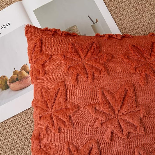Kevin Textile Maple Leaf Pillow Covers 18x18 Inch Set of 2 Fallen Leaves Embroidery Decor Soft Plush Faux Fur Throw Pillows Pillowcases for Holiday Harvest Decor Sofa Couch Bedroom, Rust
