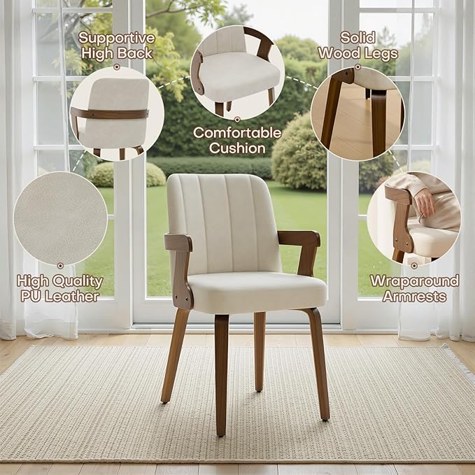 Kitchen Dining Chairs Set of 4, Faux Leather Upholstered Dining Room Chairs with Wood Arms and Legs, Mid Century Modern Kitchen Side Chair for Living, Bedroom, Restaurant, Walnut/Beige
