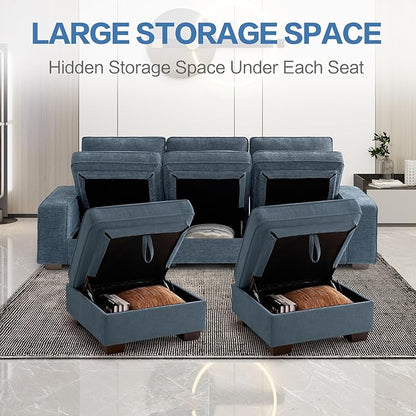TEKAMON 100" Modular Sectional Sofa with Seats Storage, L Shaped Couch with Movable Ottoman, Chenille Fabric Couch for Living Room, Office, Apart W/Deep Seat, USB Charging,Removable Cover (Blue)