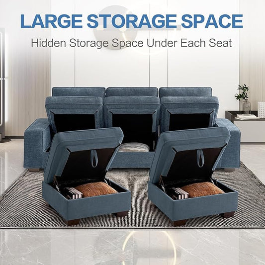 TEKAMON 100" Modular Sectional Sofa with Seats Storage, L Shaped Couch with Movable Ottoman, Chenille Fabric Couch for Living Room, Office, Apart W/Deep Seat, USB Charging,Removable Cover (Blue)