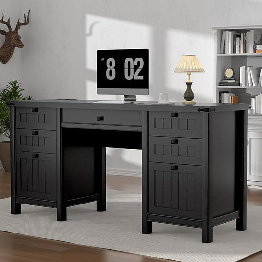 Executive Desk, Modern Farmhouse Computer Desk with Drawers & Cabinet, Home Office Desk for Work Study Writing Workspace (Black, 62")