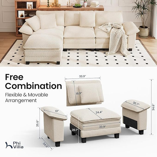 PHI VILLA Cloud Modular Couch Sets, 123.6" Sectional Sofa with L-Shaped Chaise, 4-Seater Upholstered Couches with Movable Ottoman for Living Room, Corduroy Fabric, Beige