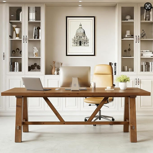 LITTLE TREE 70.87" Long Large Wood Desks, Solid Wood Office Desk, Farmhouse Executive Computer Desk, Home Office Workstaticon, Work Writing Table, Rustic Brown