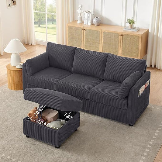 79" Small Couches with Storage Ottoman 3 Seat L Shaped Couch Sectional Sofa with Chaise Lounge for Apartment,Dorm,Bonus Room,Compact Spaces. (Grey, 3+OTT)