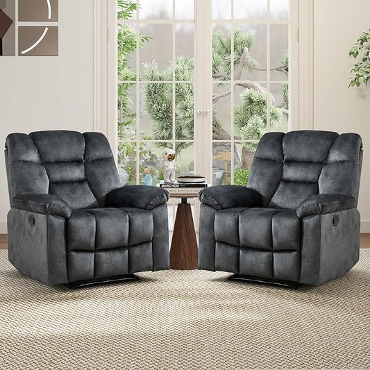 EBELLO Set of 2 Manual Recliner Chair for Adults with Soft Padded Headrest and Backrest, Overstuffed Single Recliner Sofa Chair for Living Room, Green Grey