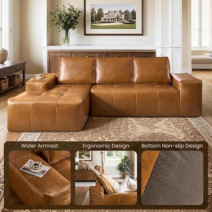 114" Boneless Couches for Living Room, Brown Faux Leather Cloud Sectional Couches with Chaise, Deep Seat L Shaped Modular Sofa, No Assembly Required Sofas in a Box (Left,Faux Leather,Brown)