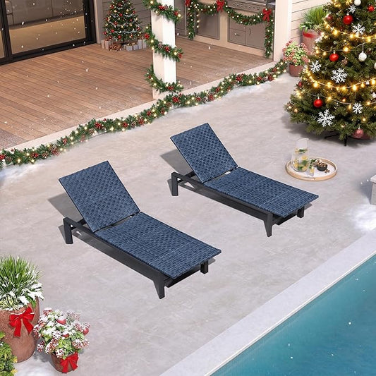 PURPLE LEAF Patio Oversized Chaise Lounge Rattan Chair Set of 2 Outdoor Pool Adjustable Recliner Wicker Chairs for Outside Woven Furniture Tanning Poolside Lounger Navy Blue