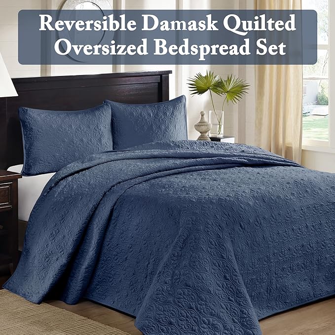 Madison Park Quebec Reversible Quilt Set Damask Design, Double Sided Stitching All Season, Lightweight Bedspread Bedding Set, Matching Sham, Navy, Full(96"x110") 3 Piece
