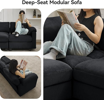 114'' V-Shaped Sectional Cloud Couch with Ottoman, 7-Seater Modular Couches for Living Room, Corduroy Oversized Deep Seat Sofa with Center Stitched, Black