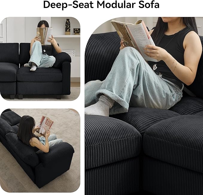 87'' U-Shaped Sectional Sofa with Ottoman, 5-Seater Modular Couches for Living Room, Corduroy Deep Seat Cloud Sofa with Center Stitched, Black