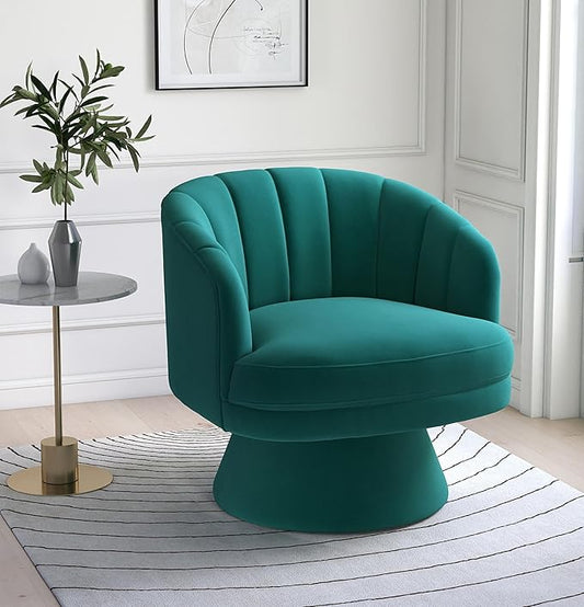 Swivel Accent Chair,Upholstered Velvet 360° Swivel Barrel Chair for Living Room Overstuffed Bouncle Reading Chair Round Armchair for Bedroom,Vanity,Office (Dark Green)