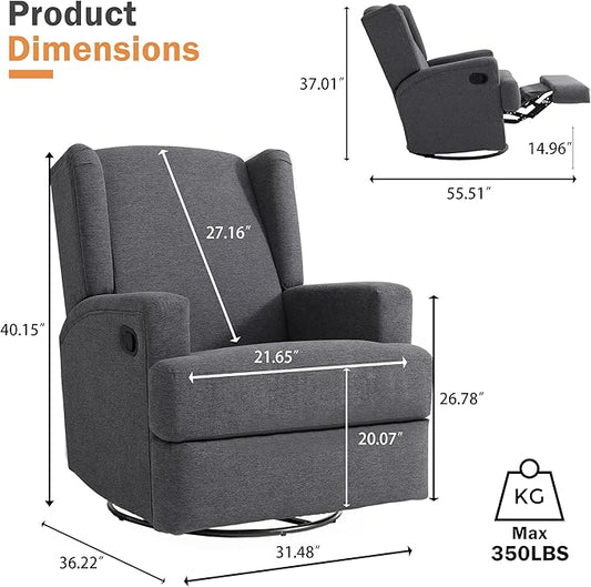 Swivel Glider Recliner Chair for Adults with Deep Seat - High Back Rocker Reclining Accent Chair, Manual Recliner for Living Room & Nursery, Comfortable Upholstered Fabric Armchair-Gray