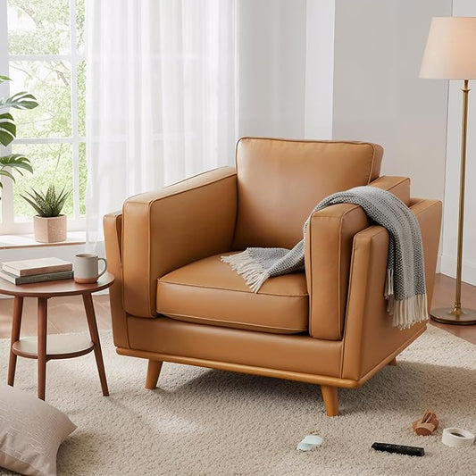 MCombo Napa Leather Accent Chair, 41.9'' Wide Leather Chair for Living Room, Office, Solid Wood Accent, VE792 (Cognac Tan)