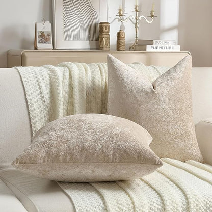 FUTEI Beige Flannel Throw Pillow Covers 20x20 Inch Set of 2,Soft Dimensional Textured Cushion Cases,Modern Home Decor for Couch Living Room
