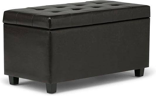 SIMPLIHOME Cosmopolitan Storage Ottoman - 34 inch Wide Upholstered Vegan Leather Rectangle Storage Ottoman Bench in Tanners Brown, Transitional Tufted Ottoman for Living Room with Lift-Up Lid