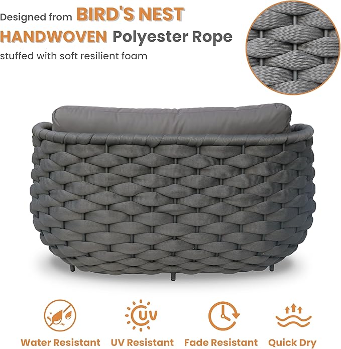 Patio Loveseat with Table: Aluminum Hand Woven Rope 2 Piece Patio Furniture Set - Cushioned Outdoor Seating Set - Modern Metal Lounge Set Assembled for Porch Balcony Deck Garden Hotel, Dark Grey