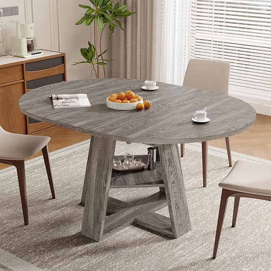 Aivermel 43.3‑59 in Extendable Oval Dining Table for 4‑6, Engineered Wood Round Dining Table with Hidden Extension Storage & Bottom Shelf, Space‑Saving Modern Kitchen Living Room Tables (Vintage Grey)