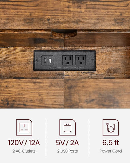 VASAGLE 70.9-Inch Console Table with Outlet and Shelves, Sofa Table with Charging Station, Behind Couch Table Skinny, Entryway Table for Hallway, Living Room, Rustic Brown and Ink Black ULNT118B01