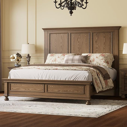 AMERLIFE Solid Wood King Bed Frame with 65.2" High Headboard, Traditional Platform Bed with Heavy Duty Slats, No Box Spring Needed, Easy Assembly, Light Brown