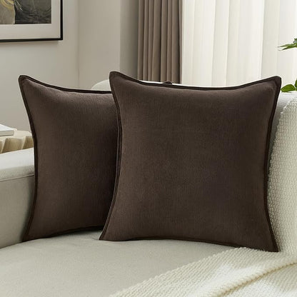 FUTEI Dark Coffee Chenille Throw Pillow Covers 20x20 Inch Set of 2,Edges Double-Stitched Cushion Cases,Modern Home Decor for Couch Living Room