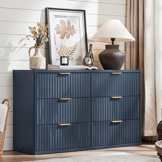 LEYAOYAO Fluted 6 Drawers Dresser, 48" Wide Modern Chest of Drawers with Woodgrain Top, Curved Profile Design, Dresser TV Stand, Wood Drawer Organizer for Bedroom, Living Room, Hallway,Blue