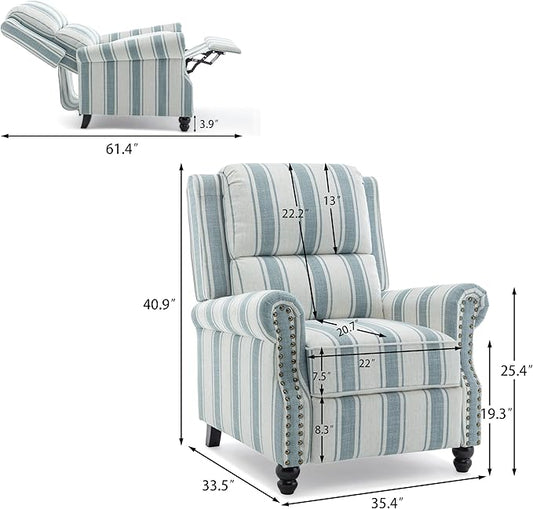 Pushback Recliner Chair, Comfy Fabric Wingback Recliner Chair, Upholstered Armchair Push Back Recliner with Wood Legs, Rivet Trim Single Sofa Accent Chair for Living Room, Bedroom, Blue Stripe