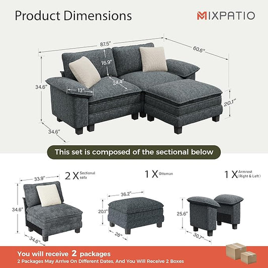 87-Inch L Shaped Sectional Sofa with Cloud Cushions, Deep Seat Modular Couch Set w/ 3 Seats & 1 Ottomans, Removable Arms, Plush Chenille Upholstery for Living Room, Apartment - Cyan