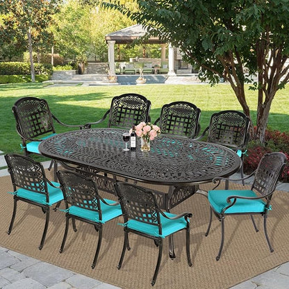MEETWARM 9-Piece Outdoor Furniture Dining Set, All Weather Cast Aluminum Patio Garden Set with 8 Chairs, 8 Cushions, 1 Oval Table, 2" Umbrella Hole, Dark Bronze, Ocean Blue