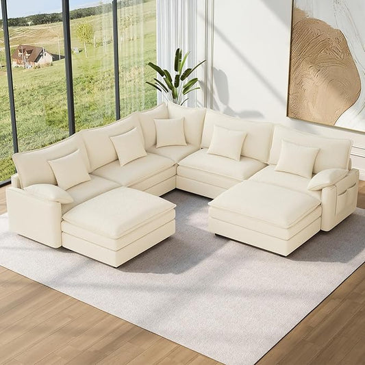 Vesgantti 108" V-Shaped Corner Couch Sectional, 7 Seat Customizable Modular Cloud Couches with Movable Ottoman, Chenille Deep Seat Sofa Set with Chaise for Living Room, Bedroom and Apartment, Beige