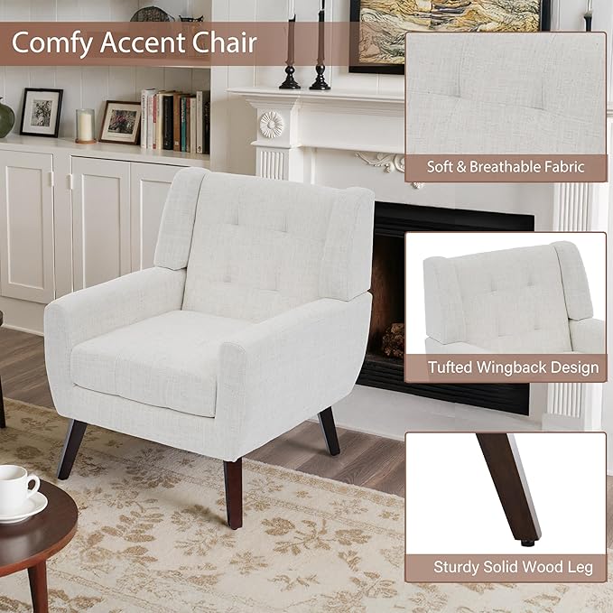 Accent Chairs Set of 2, Mid-Century Modern Upholstered Armchair, Comfy Fabric Living Room Chairs Reading Chairs with Button Tufted Back & Solid Wood Legs for Bedroom, Office, Beige
