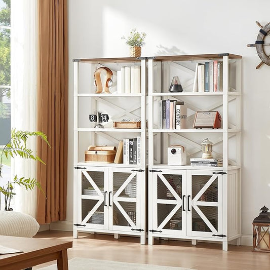 5 Tier Bookshelf 70" Tall Bookcase with Barn Doors,Large Farmhouse Display Book Shelf with Adjustable Shelves and Storage Cabinet，Library Wood Bookshelves for Living Room,Kitchen,Rustic White